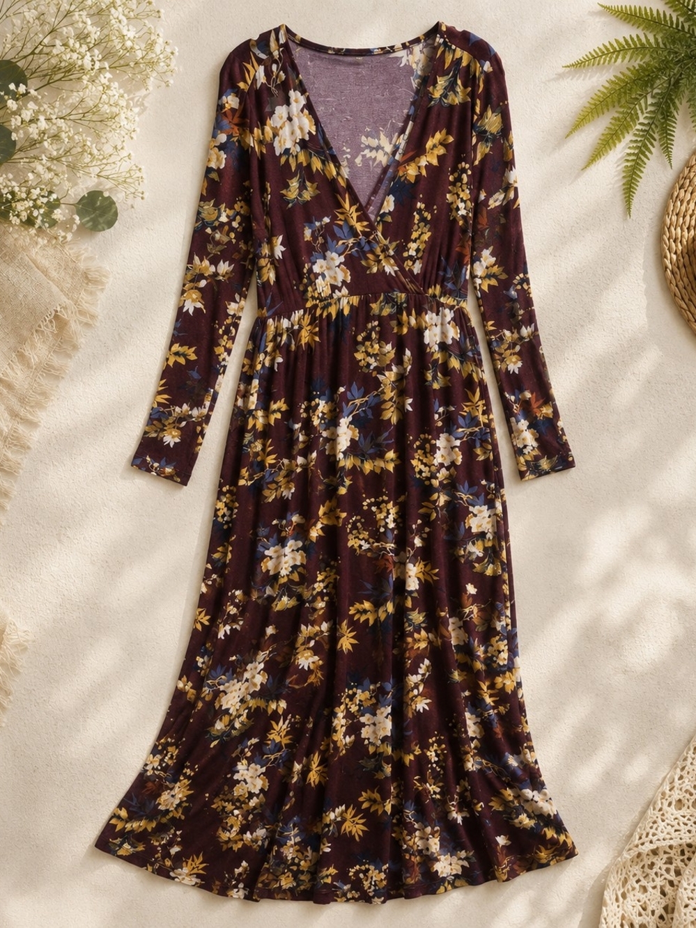 Jessica Simpson Burgundy Floral Maxi Dress Tie Waist Long Sleeve M